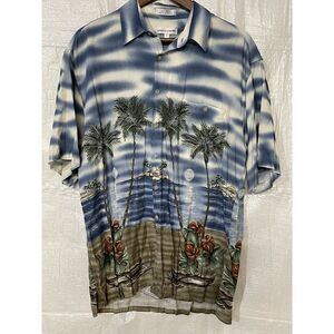 Pierre Cardin Hawaiian Shirt Palm Tree Print Rayon Button Up Blue Large